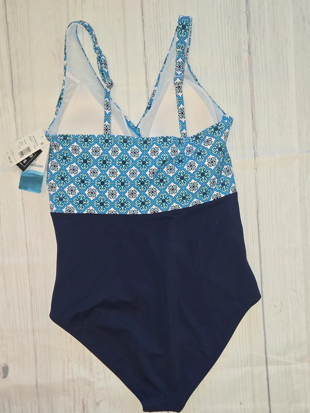 SWIM SOLUTIONS Blue Tile-Print One-Piece Swimsuit Tummy Control Bust Support NWT - Picture 3 of 6